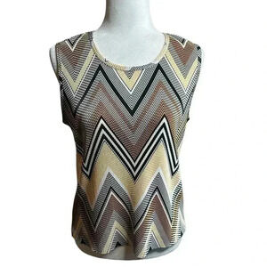 Plisse Zig Zag Black, White, Gold Sleeveless Blouse size L